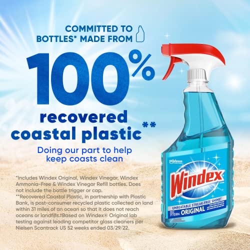 Windex Glass Cleaner Spray Refill, Original Blue Window Cleaner Works on Smudges and Fingerprints, Bottle Made from 100% Recovered Coastal Plastic, 2L