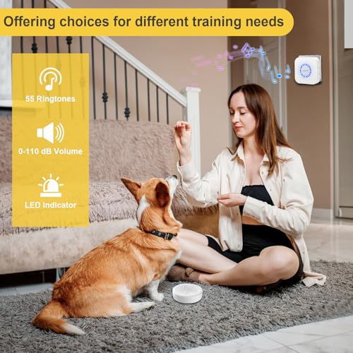 ChunHee Wireless Dog Door Bell, Potty Training to go Outside Light Touch Activation Doggy to Ring to Go Potty,Volume Adjustment (0-110) 55 Ringtones, Includes 2Trigger Buttons and 1Receiver.