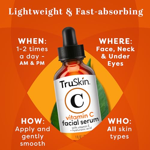 TruSkin Vitamin C Face Serum – Anti Aging Facial Serum with Vitamin C, Hyaluronic Acid, Vitamin E & More – Brightening Serum for Dark Spots, Even Skin Tone, Eye Area, Fine Lines & Wrinkles, 1 Fl Oz