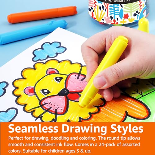 Amazon Basics Washable Round Tip Assorted School Marker Pens, Pack of 24 Colors