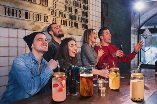 YMQAHWY 4Pcs Set Drinking Glasses with Bamboo Lids and Glass Straw, 16oz Can Shaped Glass Cups, Beer Glasses, Iced Coffee Cups, Glass Tumbler Include 2 Cleaning Brushes, Great for Cocktail,Gifts