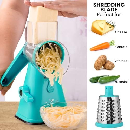 Rotary Cheese Grater with Upgraded, Reinforced Suction - Round Cheese Shredder Grater with 3 Replaceable Stainless Steel Drum Blades - Easy To Use & Clean - Vegetable Slicer & Nut Grinder (Light Blue)