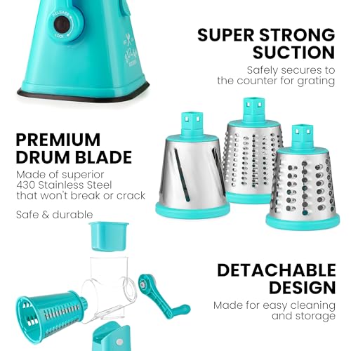 Rotary Cheese Grater with Upgraded, Reinforced Suction - Round Cheese Shredder Grater with 3 Replaceable Stainless Steel Drum Blades - Easy To Use & Clean - Vegetable Slicer & Nut Grinder (Light Blue)