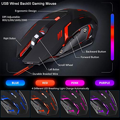 BlueFinger RGB Gaming Keyboard and Backlit Mouse and Headset Combo,USB Wired Backlit Keyboard,LED Gaming Keyboard Mouse Set,Headset with Microphone for Laptop PC Computer Game and Work