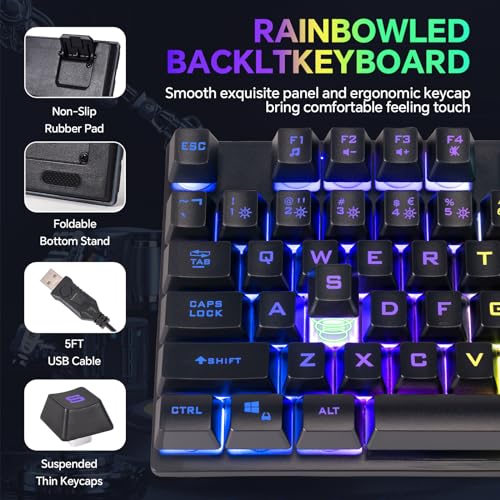 Gaming Keyboard Mouse and Headset with mic Combo USB Wired RGB Backlit Gamer Bundle Compatible with PC Windows 7/8/10/11 Xbox one PS4 PS5(Black)