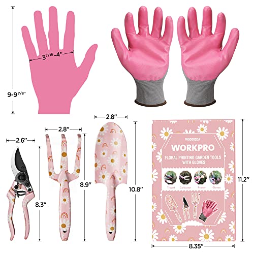 WORKPRO Aluminum Garden Tool Set, 4PCS Heavy Duty Hand Garden Tools with Box Include Trowel, Rake, Pruner, Garden Gloves, Pink, Garden Gifts