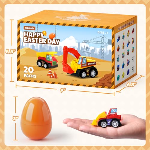 ZenBombs Easter Eggs with Toys Inside-20 PCS Colorful Plastic Easter Eggs Filled with Toy Vehicles for Kids-Surprise Egg for Easter Egg Hunt, Basket Stuffers and Birthday Party Favors