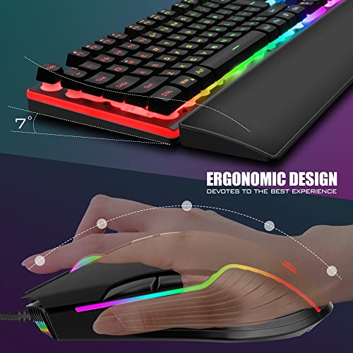 RedThunder K10 Wired Gaming Keyboard and Mouse and Wrist Rest Combo, RGB Backlit, Mechanical Feel Anti-ghosting Keyboard + 7D 7200 DPI Mice+Soft Leather Wrist Rest 3 in 1 PC Gamer Accessories(Black)