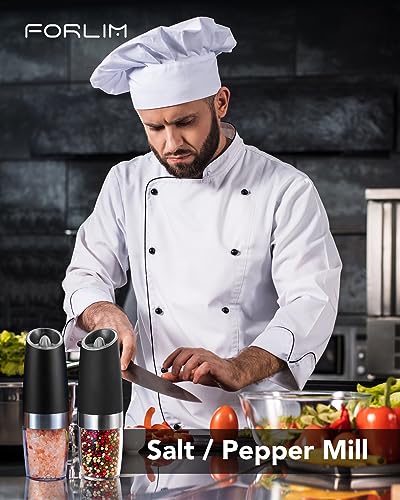 FORLIM Gravity Electric Salt and Pepper Grinder Set, Automatic Pepper Grinder Shakers Mill, Battery Powered Adjustable Coarseness with LED, One Hand Operation Perfect for Kitchen, Restaurants, Outdoor