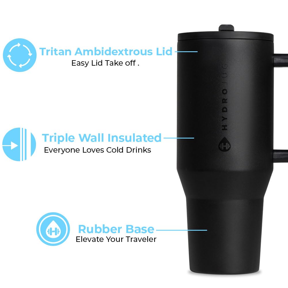 HydroJug Traveler - Modern 40 oz Tumbler with Handle & Simple Flip Straw - Car Cup Holder Friendly, Leak Resistant Water Bottle-Reusable Insulated Stainless Steel & Rubber Base - Gifts for Women & Men