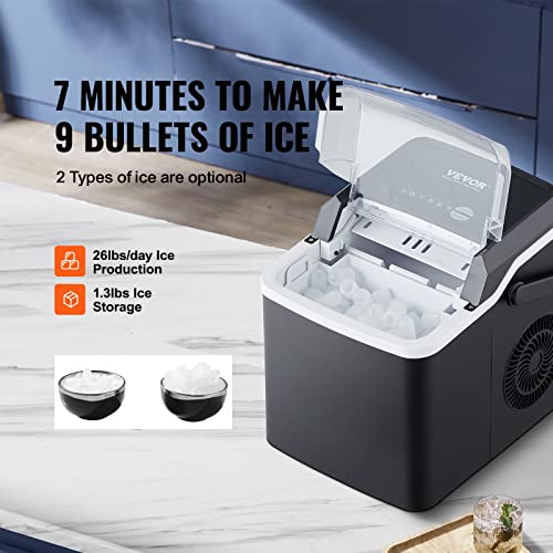 VEVOR Ice Maker Countertop, 26lbs in 24 Hours,9 Cubes Ready in 7 Minutes, Self Cleaning Countertop Ice Maker with Scoop and Basket for Home Kitchen Camping Office