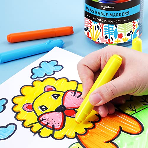 Amazon Basics Washable Round Tip Assorted School Marker Pens, Pack of 24 Colors