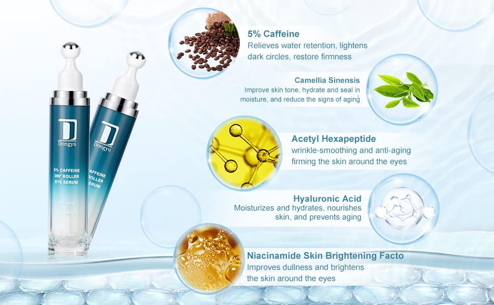 Dongyu 5% Caffeine Eye Serum and Under Eye Roller Cream for Dark Circles and Puffiness, Caffeine Eye Cream with 360° Massage Ball Reduce Wrinkles and Fine Lines, Bags under eyes