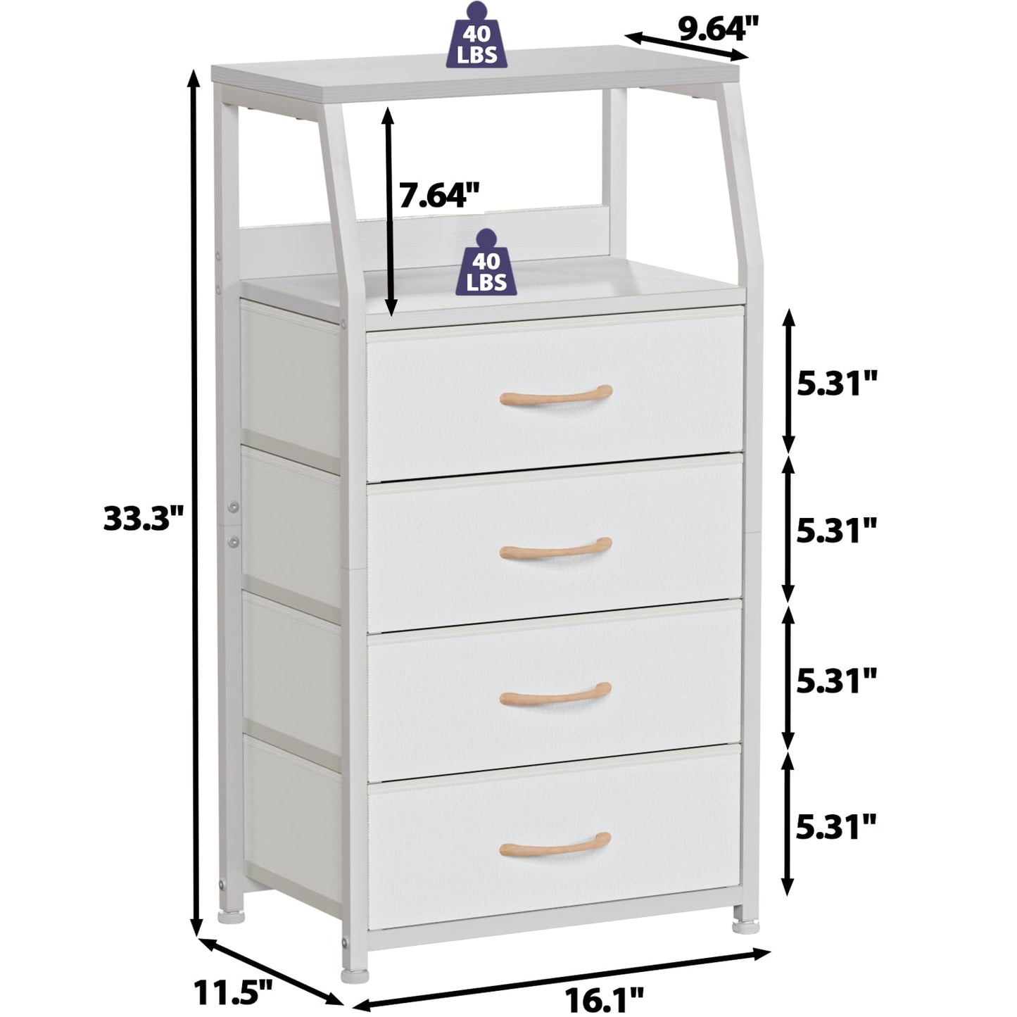 Furnulem Tall 4 Drawers Dresser, Vertical Storage Tower for Bedroom, Hallway, Entryway, Nursery, Closet Organizer, Nightstand Bedside Table Furniture, Sturdy Steel Frame, Wood Top, White