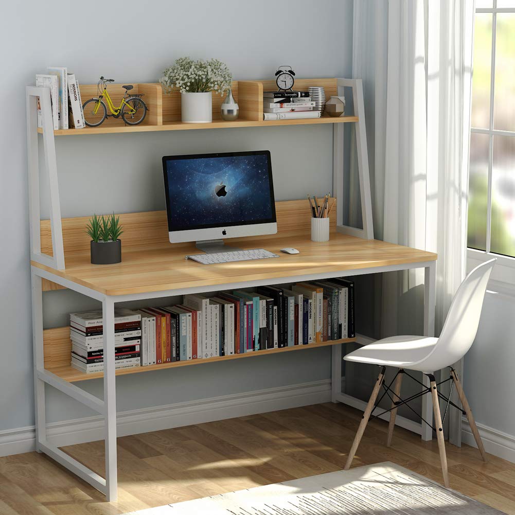 Tribesigns Computer Desk with Hutch, 47 inches Home Office Desk with Space Saving Design with Bookshelf for Small Spaces (Light Walnut, 47)