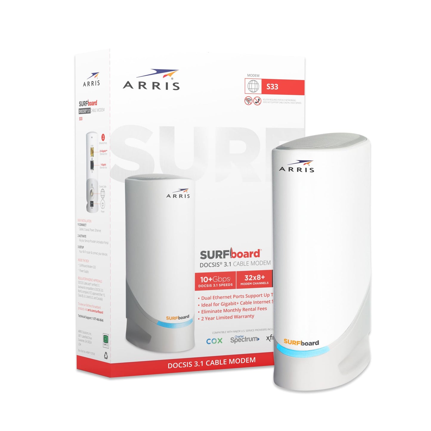 ARRIS Surfboard S33 DOCSIS 3.1 Multi-Gigabit Cable Modem | Approved for Comcast Xfinity, Cox, Spectrum & More | 1 & 2.5 Gbps Ports | 2.5 Gbps Max Internet Speeds | 4 OFDM Channels | 2 Year Warranty
