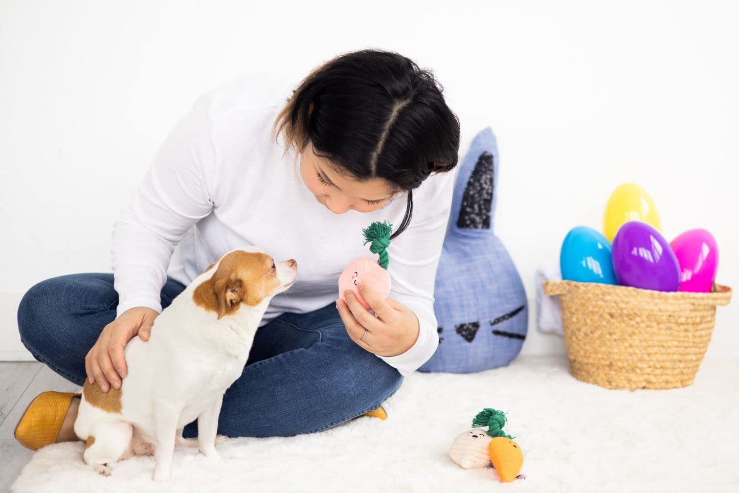 Pearhead Spring Garden Veggies Dog Toys, Radish, Carrot and Turnip Squeaky Rope Toys, Gift for Pet Parents, Vegetable Plush Dog Toys, Set of 3