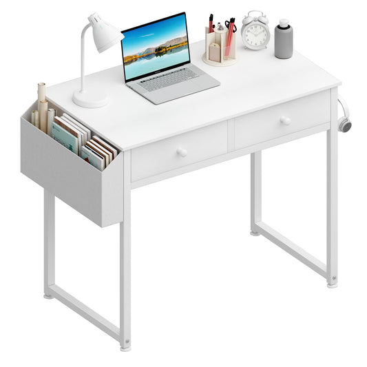 Lufeiya Small White Desk with Drawers - for Bedroom, 32 Inch Home Office Computer Desk with Fabric Storage Drawer and Bag, Study Writing Table for Small Spaces, White