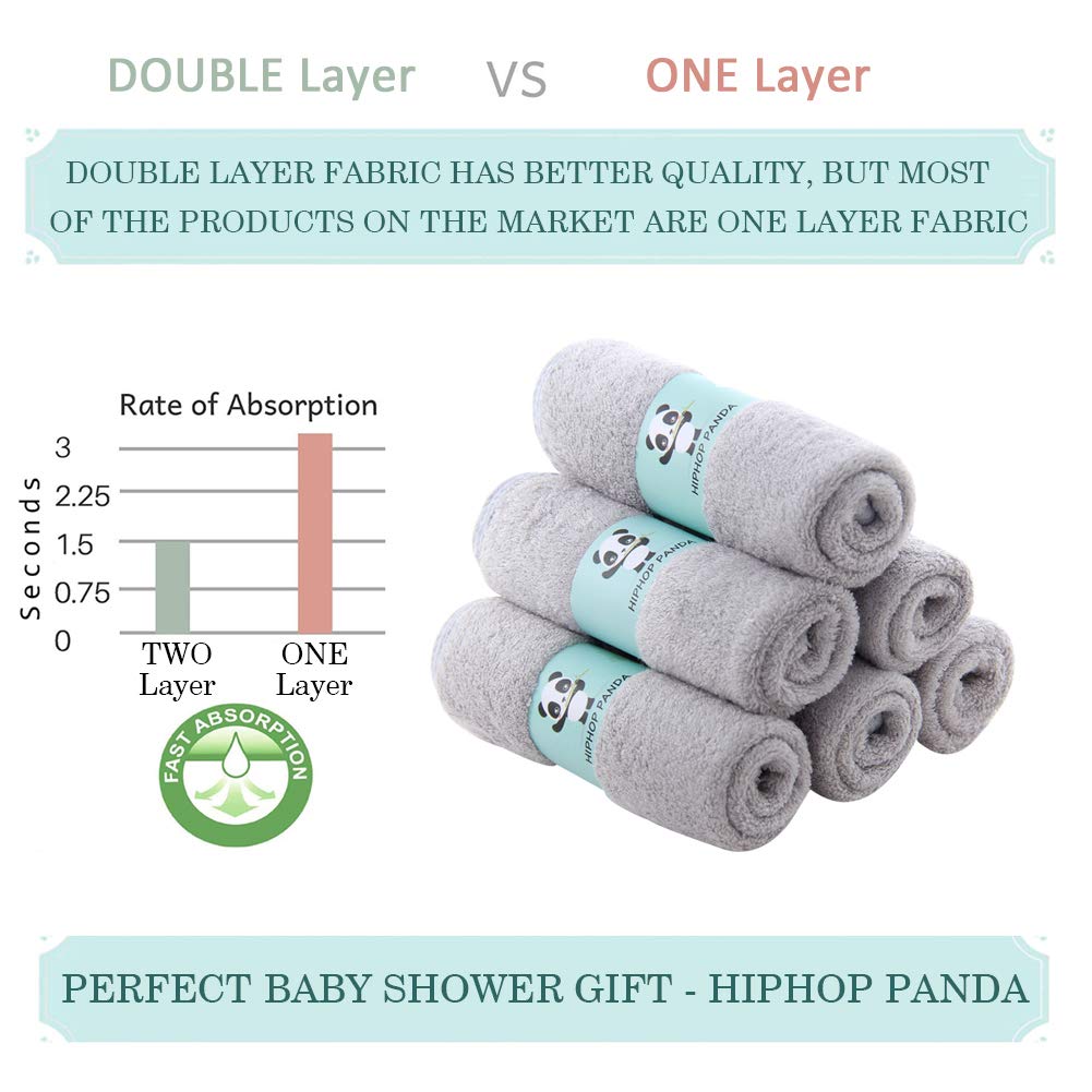 HIPHOP PANDA Baby Wash Clothes, Rayon Made from Bamboo - 2 Layer Ultra Soft Absorbent Washcloths for Boy - Newborn Face Towel - Makeup Remove Washcloths for Delicate Skin - (Gray, 6 Pack)
