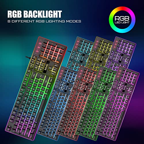 RedThunder K10 Wired Gaming Keyboard and Mouse and Wrist Rest Combo, RGB Backlit, Mechanical Feel Anti-ghosting Keyboard + 7D 7200 DPI Mice+Soft Leather Wrist Rest 3 in 1 PC Gamer Accessories(Black)