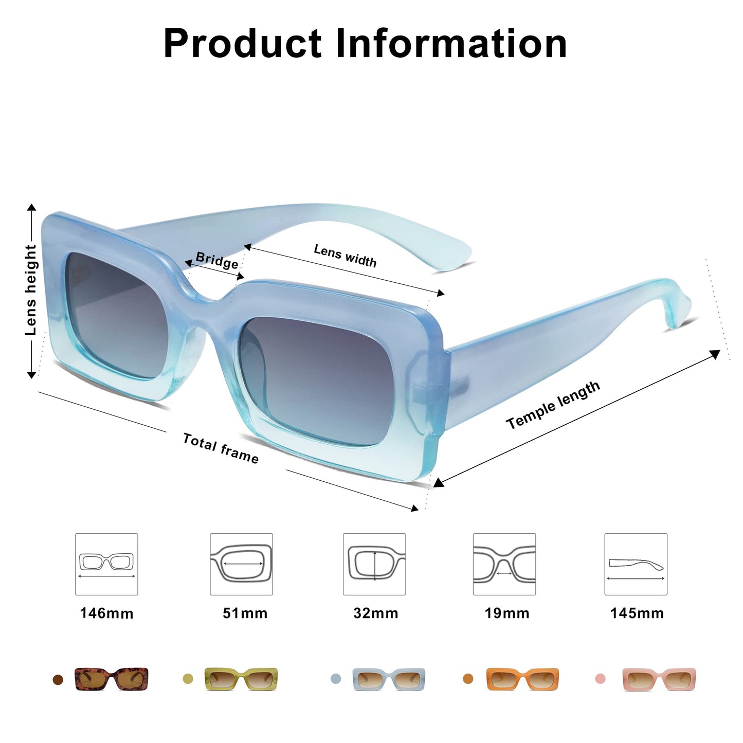 SOJOS Retro 90s Nude Rectangle Sunglasses For Women Trendy Chunky Glasses Gradient Blue Frame Blue Lens