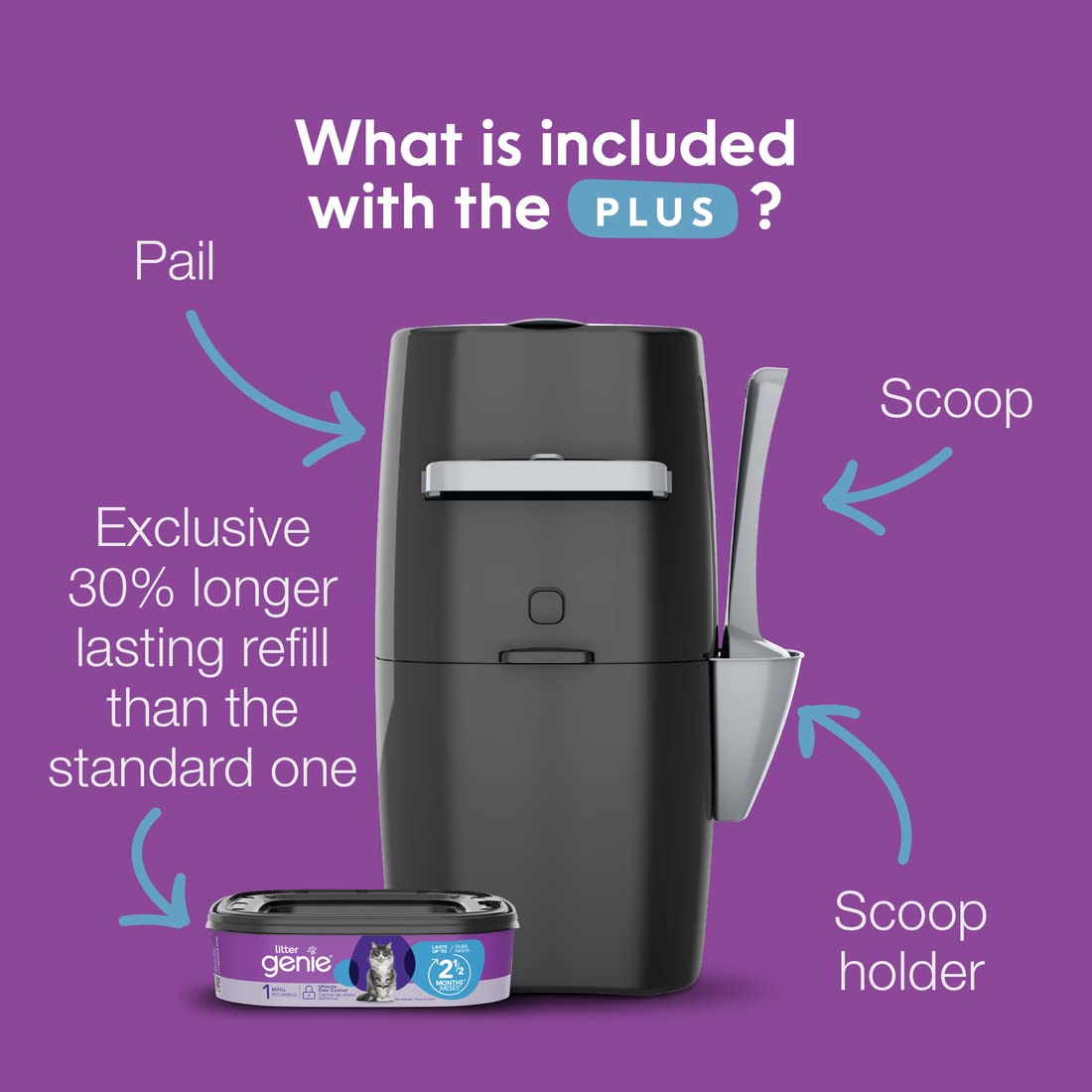 Litter Genie Plus Pail (Black) | Cat Litter Box Waste Disposal System for Odor Control | Includes 1 Square Refill Bag
