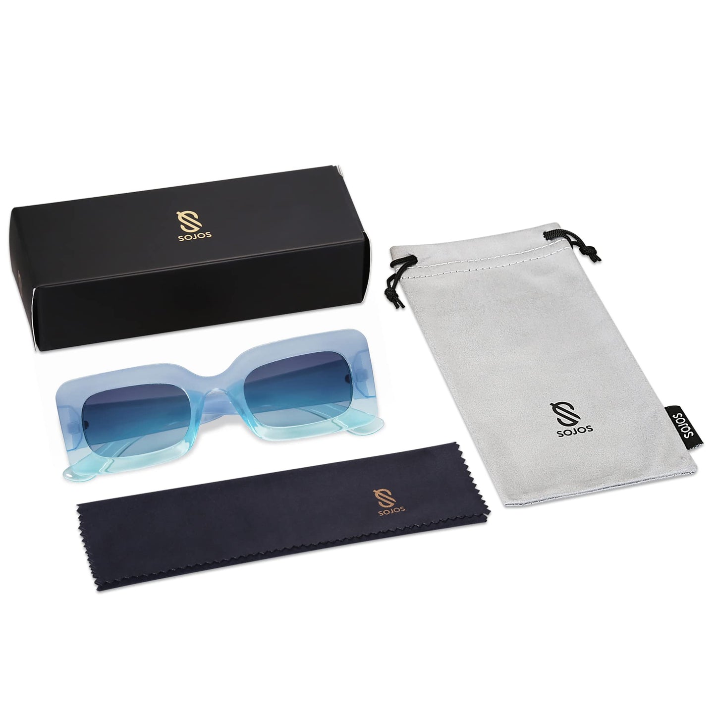 SOJOS Retro 90s Nude Rectangle Sunglasses For Women Trendy Chunky Glasses Gradient Blue Frame Blue Lens
