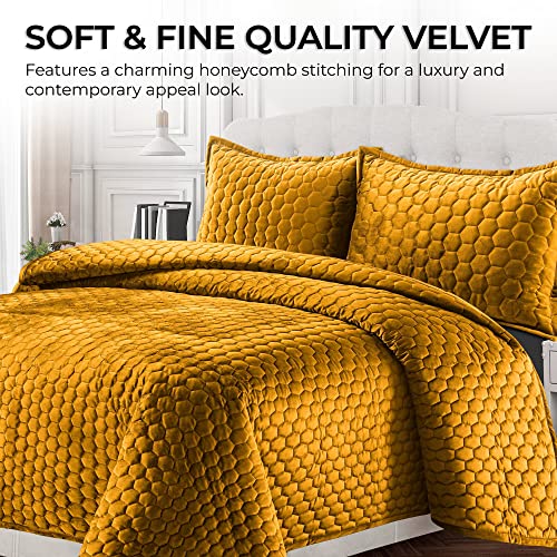 Tribeca Living Velvet King Quilt, Three-Piece Honeycomb Stitch Bedding Set Includes One Oversized Quilt & Two Sham Pillowcases, 260GSM Super Soft Velvet, Lugano/Gold