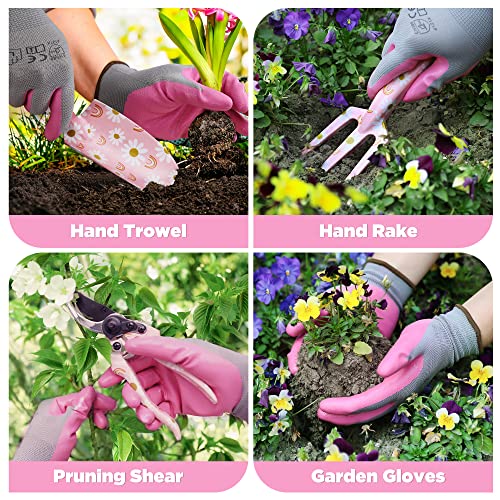 WORKPRO Aluminum Garden Tool Set, 4PCS Heavy Duty Hand Garden Tools with Box Include Trowel, Rake, Pruner, Garden Gloves, Pink, Garden Gifts