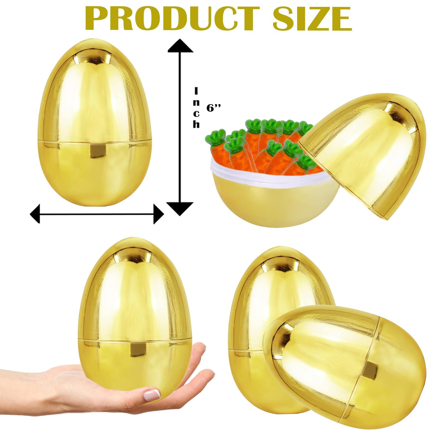 Chochkees Jumbo Golden Easter Eggs Metallic Gold, Goodie Basket Prize, 6" Inch (6-Pack)