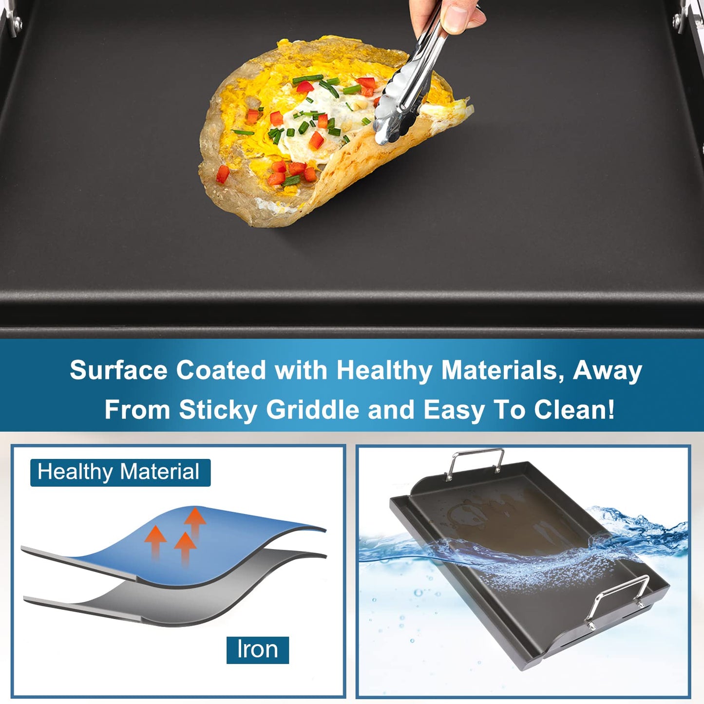 Utheer 25" x 16" Nonstick Coating Cooking Griddle for Gas Grill, Universal Griddle Flat Top Plate Insert with Grease Groove and Removable Handles for Charcoal/Gas Grills, Camping, Tailgating, Parties