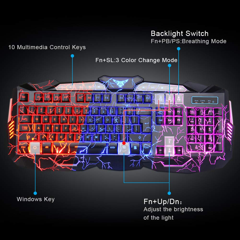 BlueFinger Gaming Keyboard Mouse Headset Combo,USB Wired Crack Backlit Keyboard,114 Keys Letters Glow LED Keyboard,Red LED Light Headset for Laptop PC Computer Work and Game