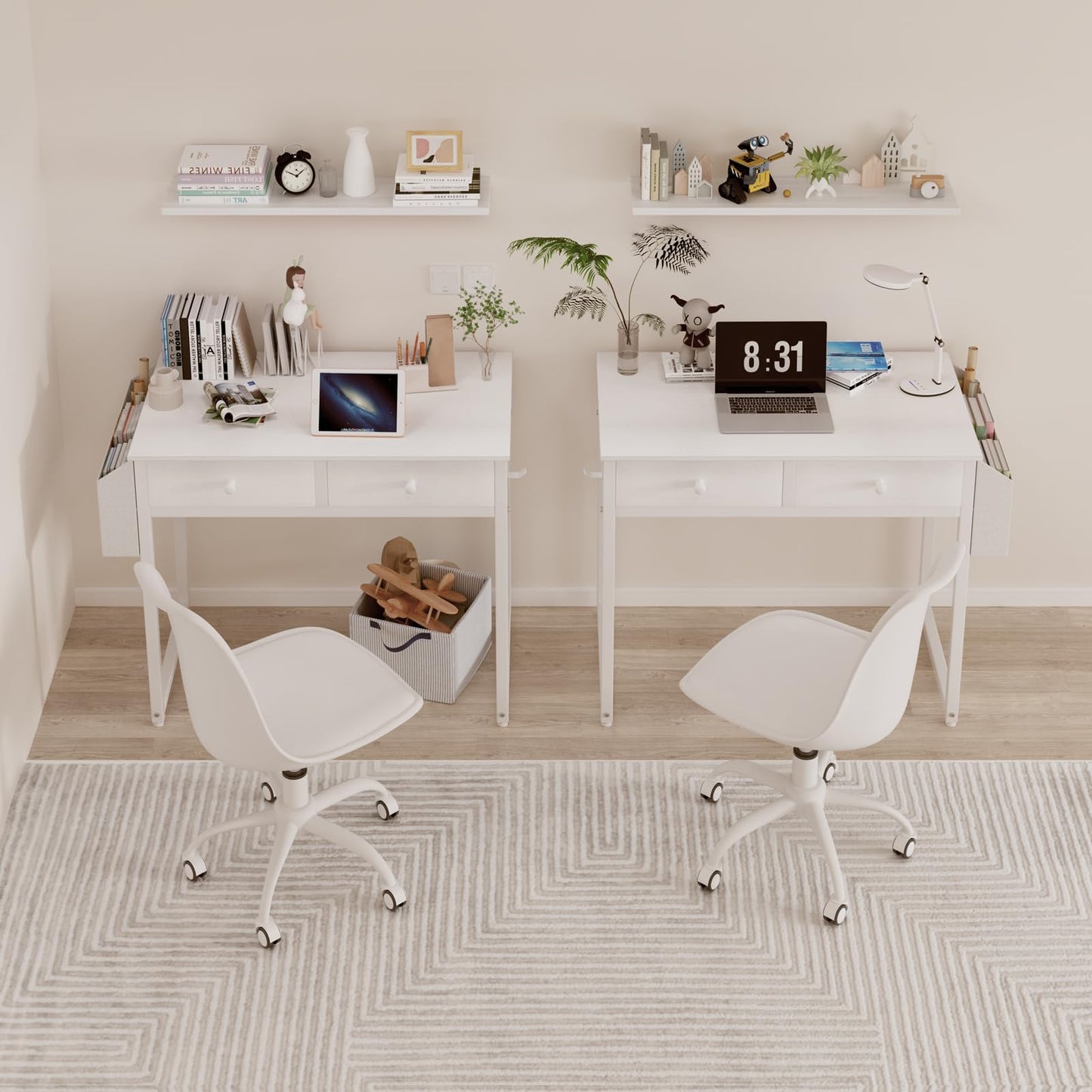 Lufeiya Small White Desk with Drawers - for Bedroom, 32 Inch Home Office Computer Desk with Fabric Storage Drawer and Bag, Study Writing Table for Small Spaces, White