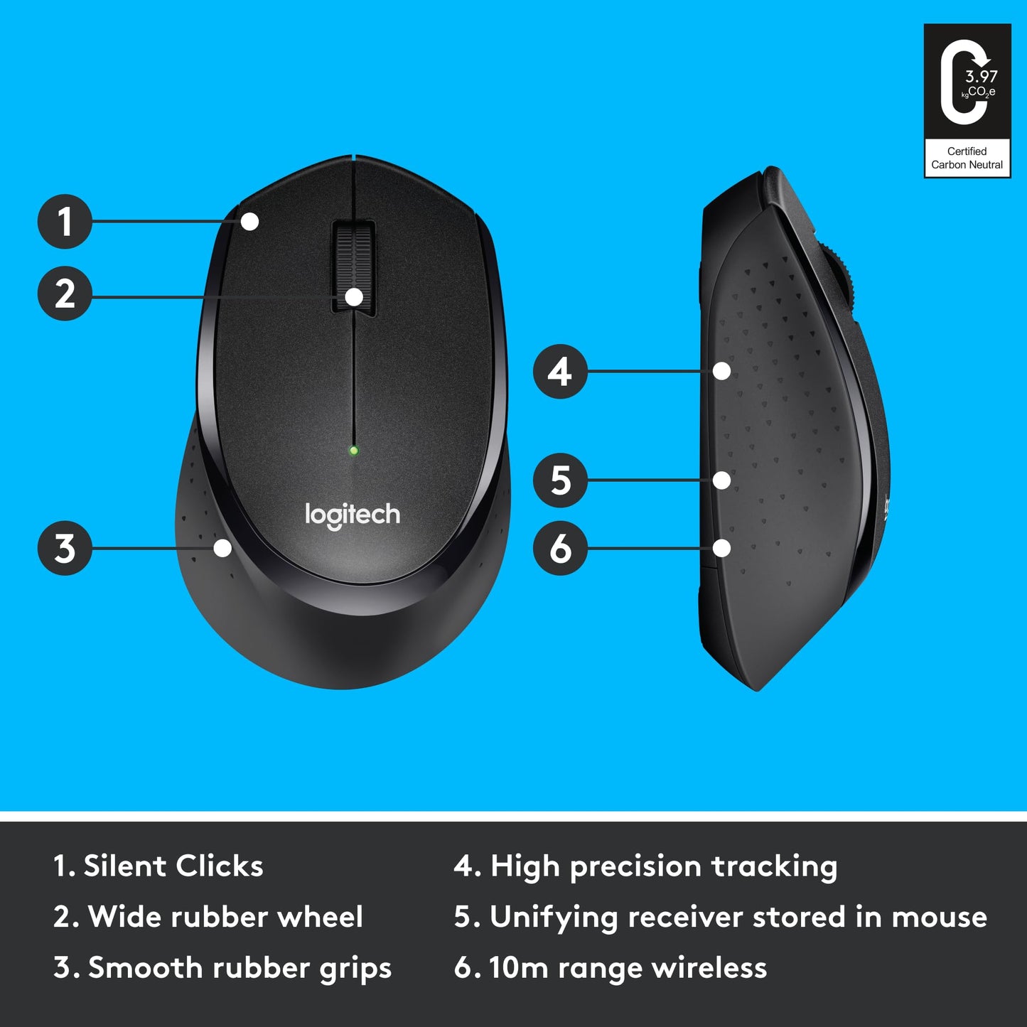 Logitech M330 SILENT PLUS Wireless Mouse, 2.4GHz with USB Nano Receiver, 1000 DPI Optical Tracking, 2-year Battery Life, Compatible with PC, Mac, Laptop, Chromebook - Black