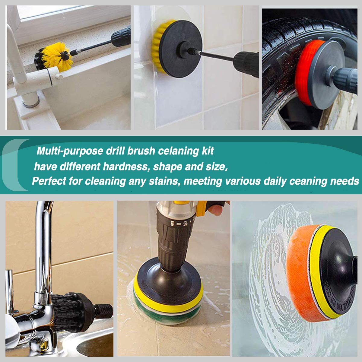 JUSONEY 31 Piece Drill Brush Attachment- Drifferent Size and Hardness- Premium Scrub Pads & Sponge- With Extend Long Attachment- Power Scrubber Brush Cleaning for Grout, Tiles, Sinks, Bathtub, Kitchen