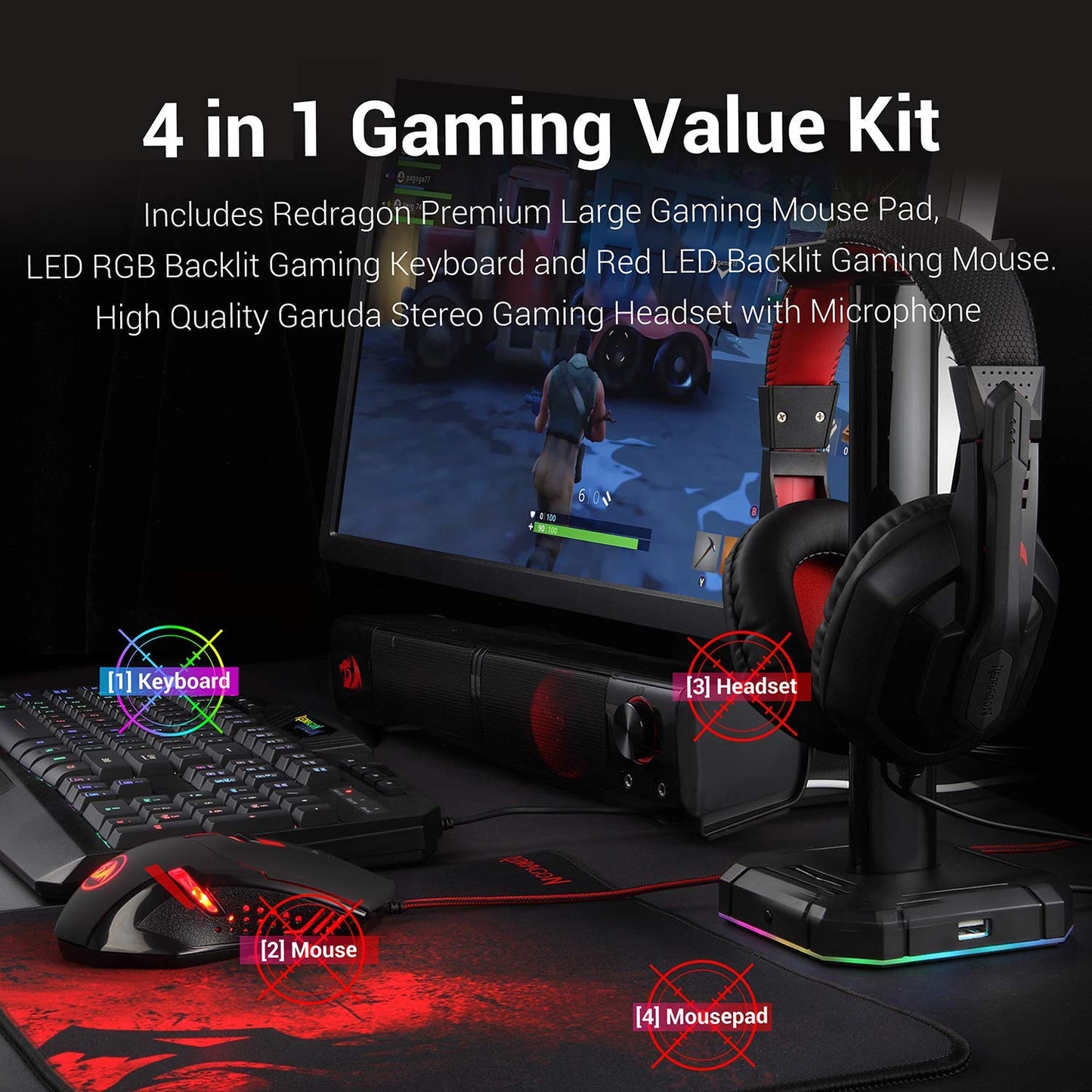 Redragon S101 Wired RGB Backlit Gaming Keyboard and Mouse Pad, Gaming Headset Combo All in 1 PC Gamer Bundle for Windows PC – (Black)