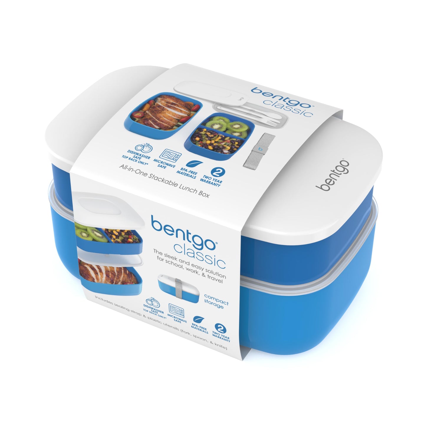 Bentgo® Classic - Adult Bento Box, All-in-One Stackable Lunch Box Container with 3 Compartments, Plastic Utensils, and Nylon Sealing Strap, BPA Free Food Container (Blue)
