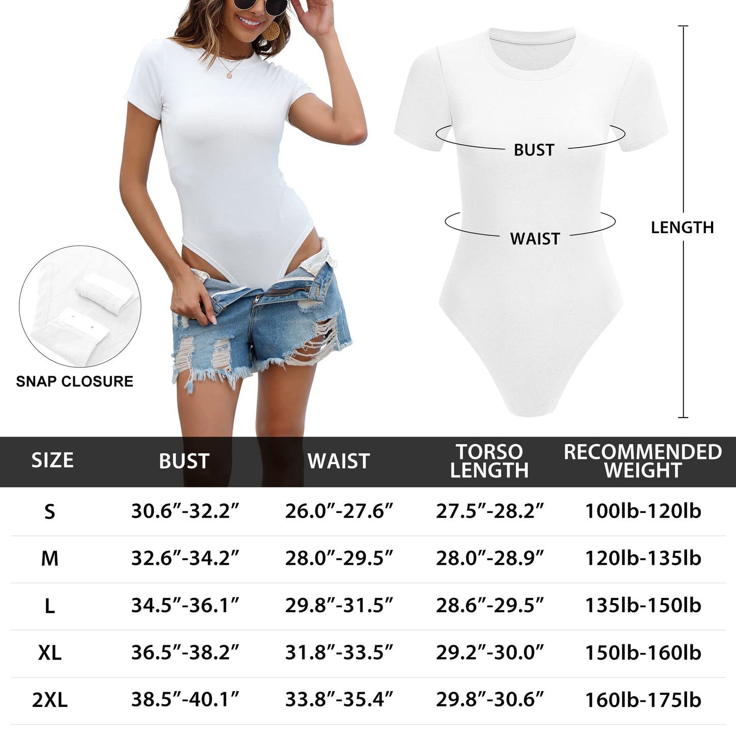 MLYENX 5 Pack Short Sleeve Bodysuit For Women Round Neck Casual Stretchy Basic T Shirt Bodysuit Tops