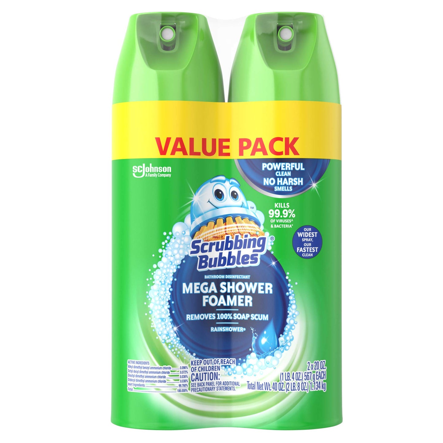 Scrubbing Bubbles Mega Shower Foamer Aerosol, Tough Foaming Bathroom, Tile, Bathtub and Disinfectant Shower Cleaner (1 Aerosol Spray), Rainshower Scent, 20 oz (Pack of 2)