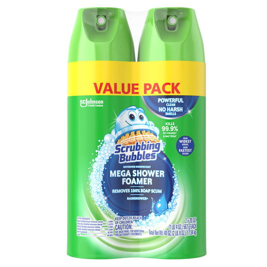 Scrubbing Bubbles Mega Shower Foamer Aerosol, Tough Foaming Bathroom, Tile, Bathtub and Disinfectant Shower Cleaner (1 Aerosol Spray), Rainshower Scent, 20 oz (Pack of 2)