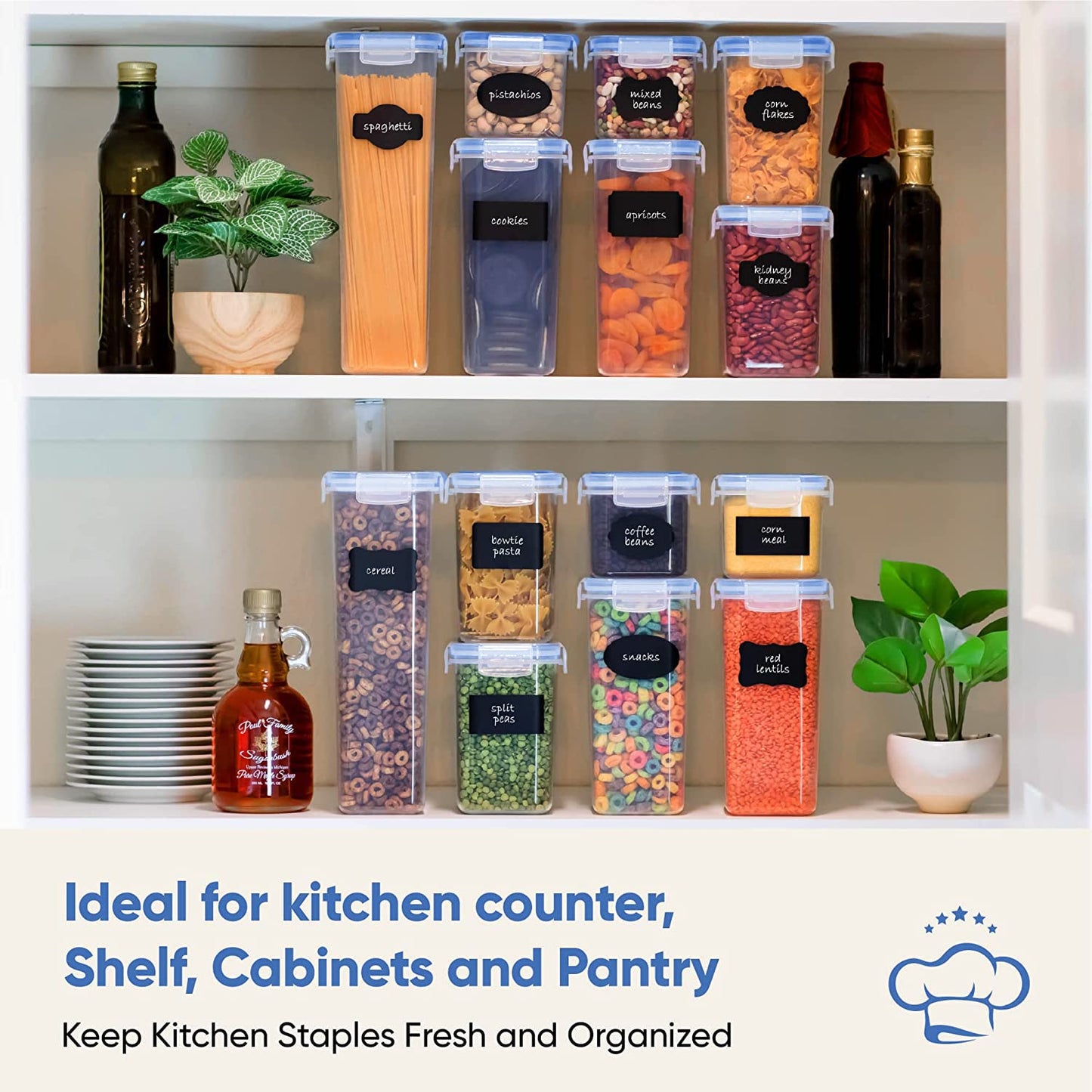 Chef's Path Premium Pasta Containers with Lids for Kitchen & Pantry Organization - BPA Free Variety Plastic Containers for Dry Food Storage & Other Pantry Needs for Food - 14 Pack Blue