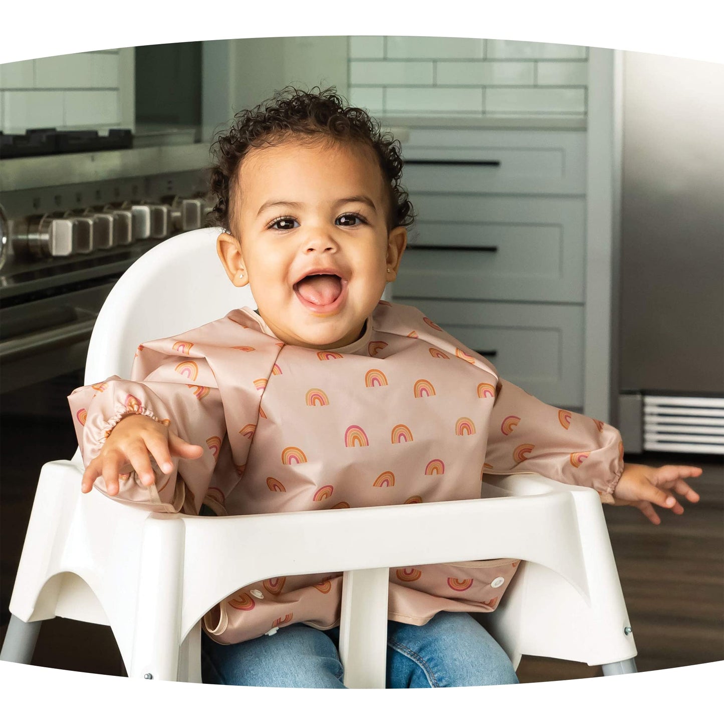 Tiny Twinkle Mess Proof Baby Bib, Cute Full Sleeve Bib Outfit, Waterproof Bibs for Toddlers, Machine Washable, Tug Proof Closure, Baby Smock for Eating, Long Sleeve (Boho Rainbow, Small 6-24 Months)