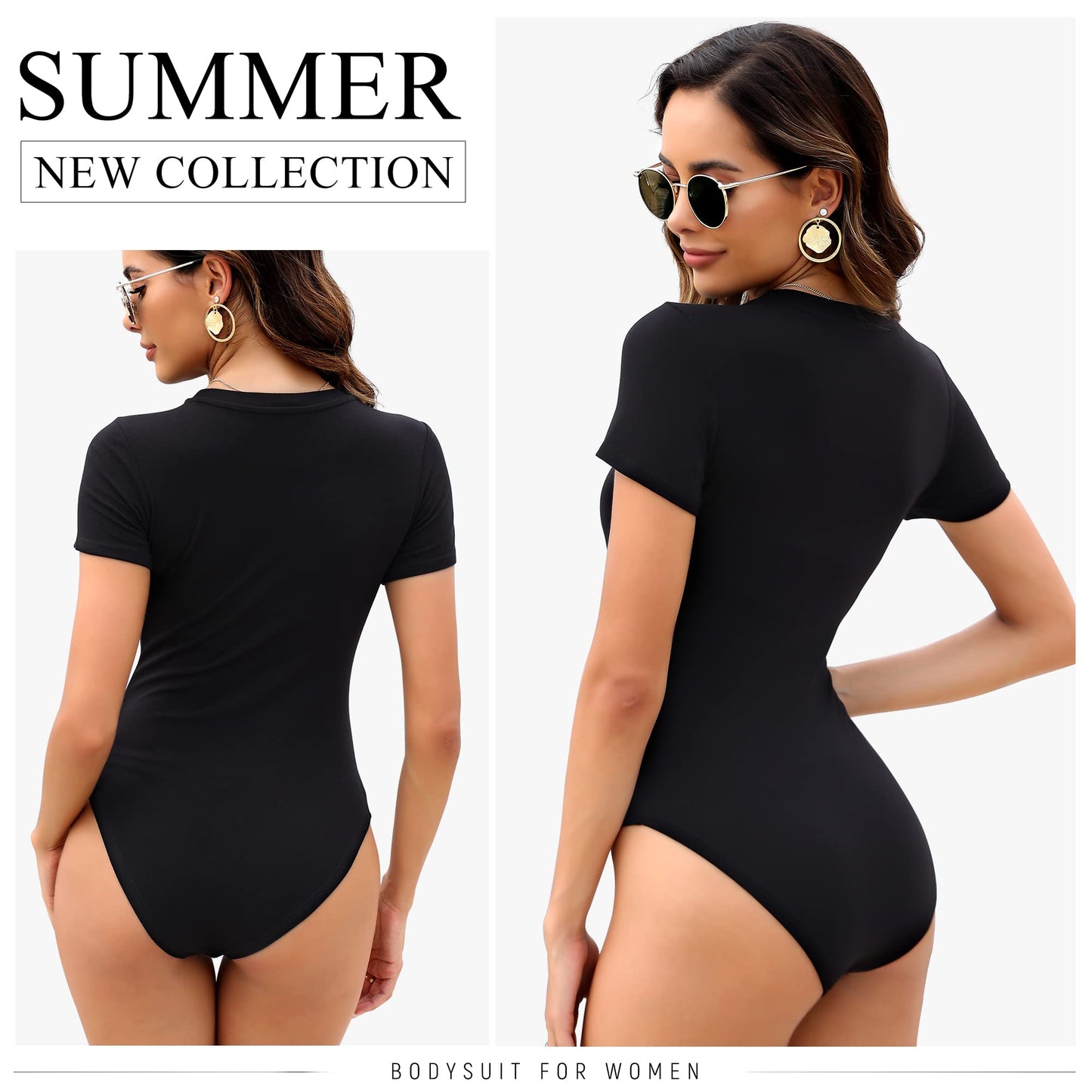 MLYENX 5 Pack Short Sleeve Bodysuit For Women Round Neck Casual Stretchy Basic T Shirt Bodysuit Tops