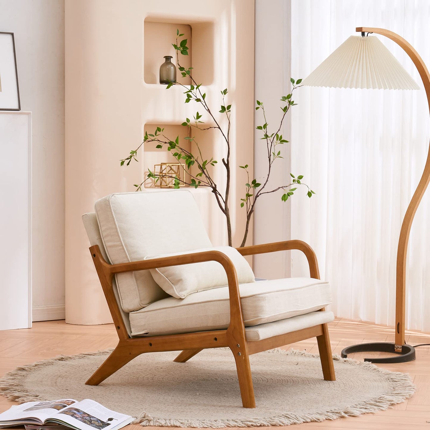 Karl home Accent Chair Set Mid-Century Modern Chair with Pillow Upholstered Lounge Arm Chair with Solid Wood Frame & Soft Cushion for Living Room, Bedroom, Belcony, Beige
