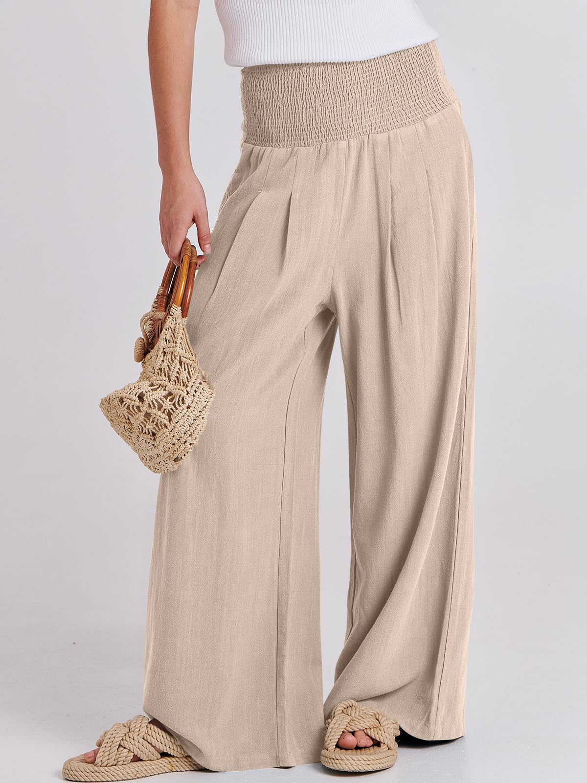 ANRABESS Women Linen Palazzo Pants Summer Boho Wide Leg High Waist Casual Lounge Pant Trousers with Pockets 1091mixing-S