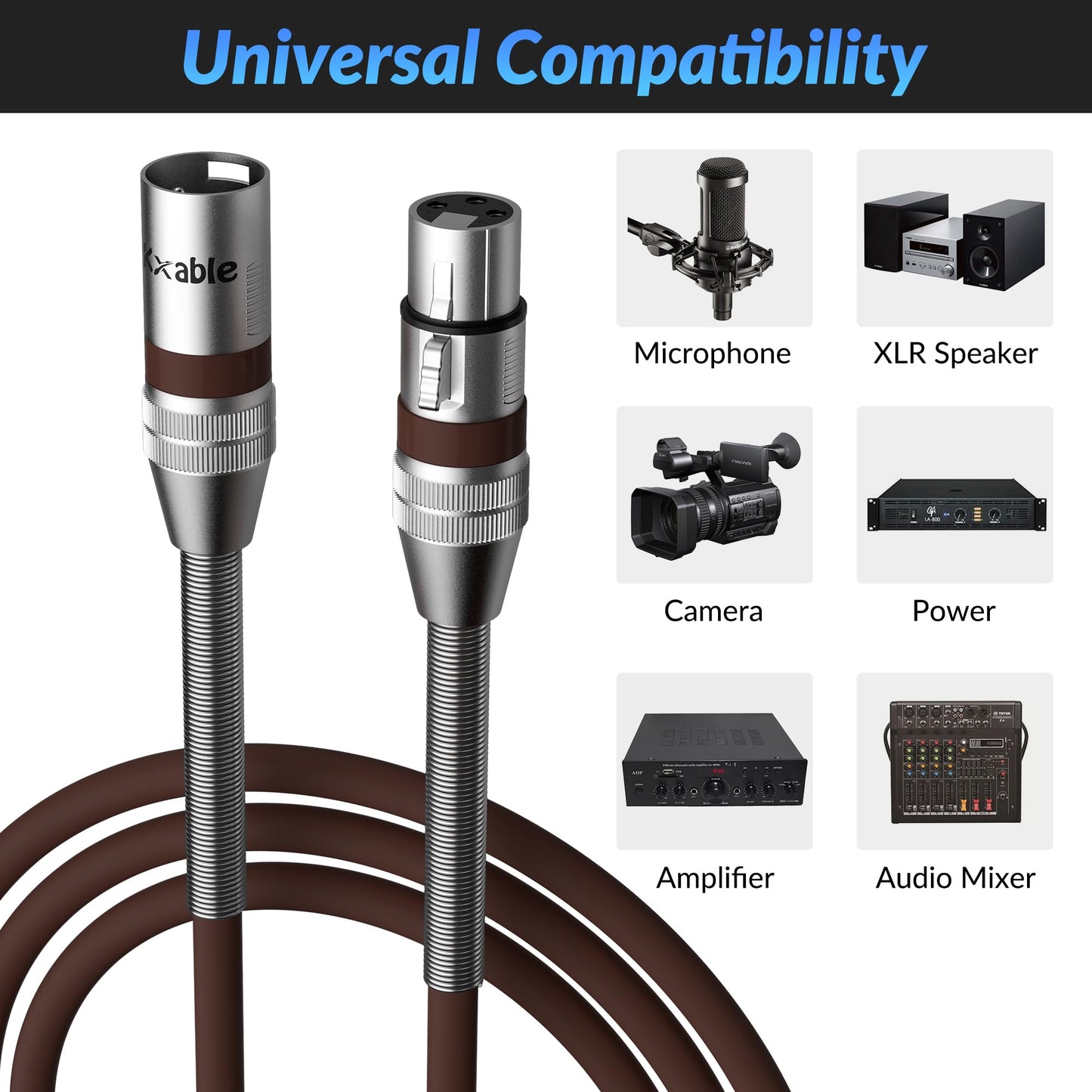 XLR to XLR Cable 1 Feet, Premium XLR Microphone Cable, Heavy Duty 22AWG OFC XLR Male to Female Cord, 3-Pin Shielded Mic Speaker Cable, Zinc Alloy Connectors, Metal Spring SR, Brown