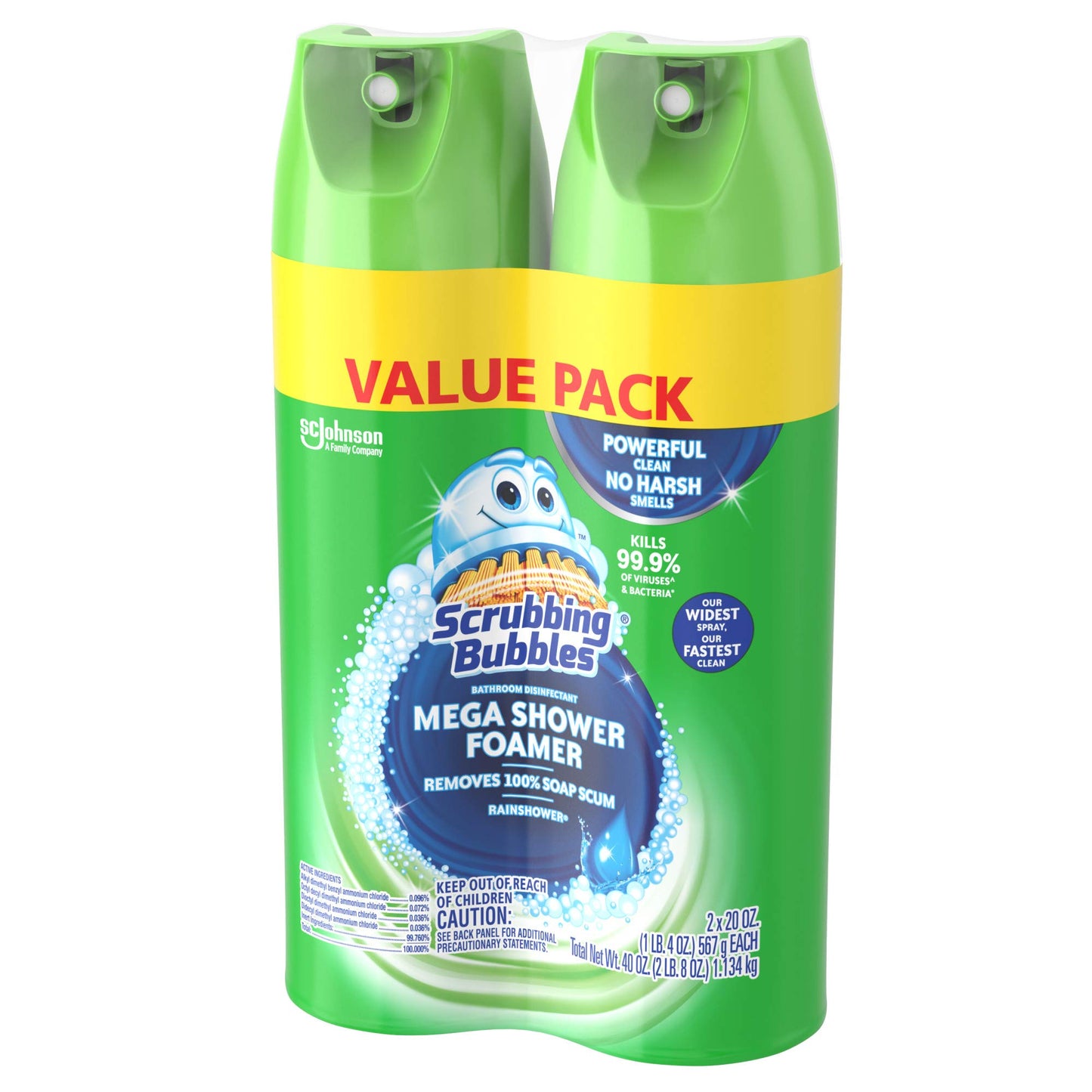 Scrubbing Bubbles Mega Shower Foamer Aerosol, Tough Foaming Bathroom, Tile, Bathtub and Disinfectant Shower Cleaner (1 Aerosol Spray), Rainshower Scent, 20 oz (Pack of 2)