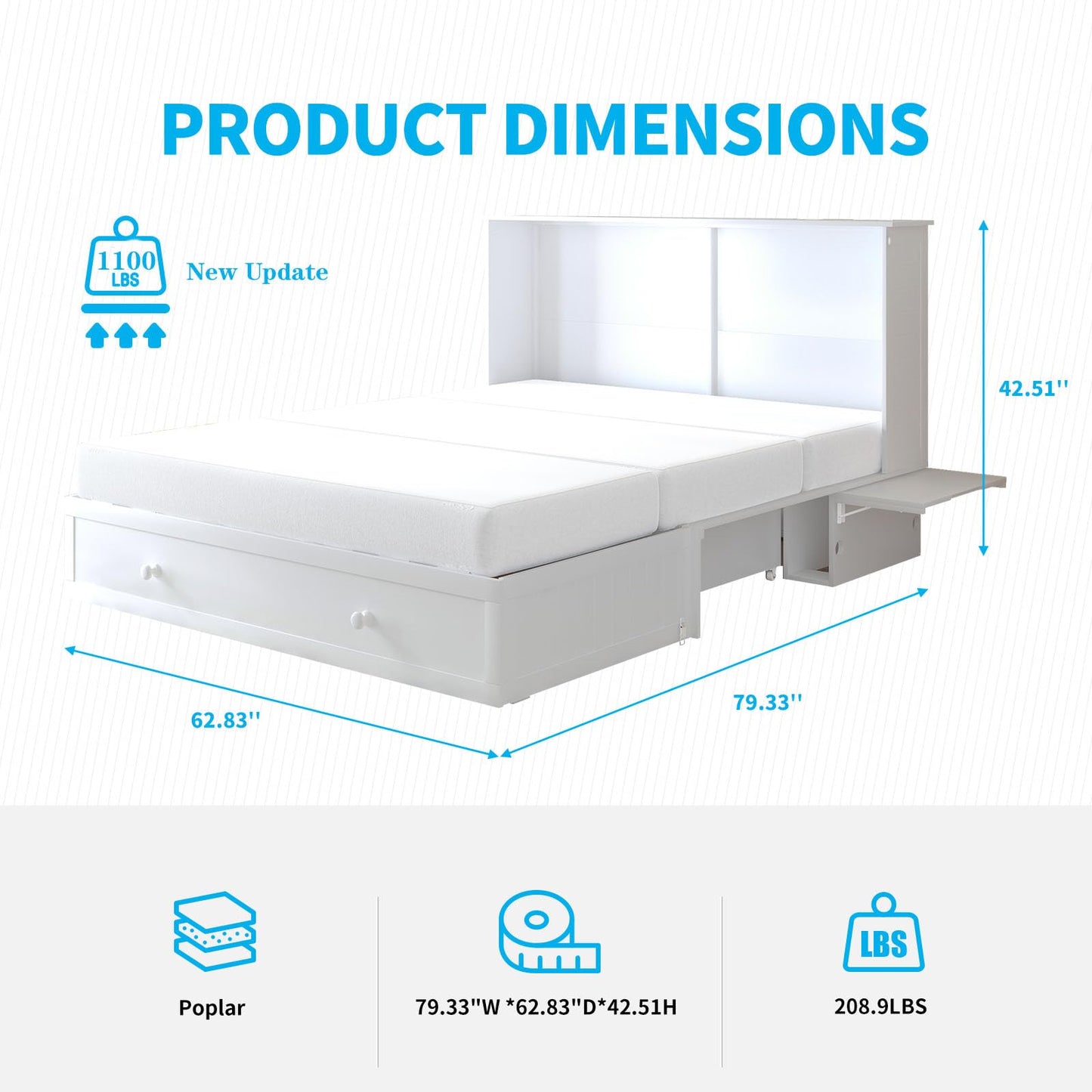 Mjkone Murphy Bed Chest, Cabinet Bed with Trifold Foam Mattress, Queen Murphy Cube Cabinet Bed with USB Charging Station and Large Storage Drawers for Living Room/Bedroom/Office (White)