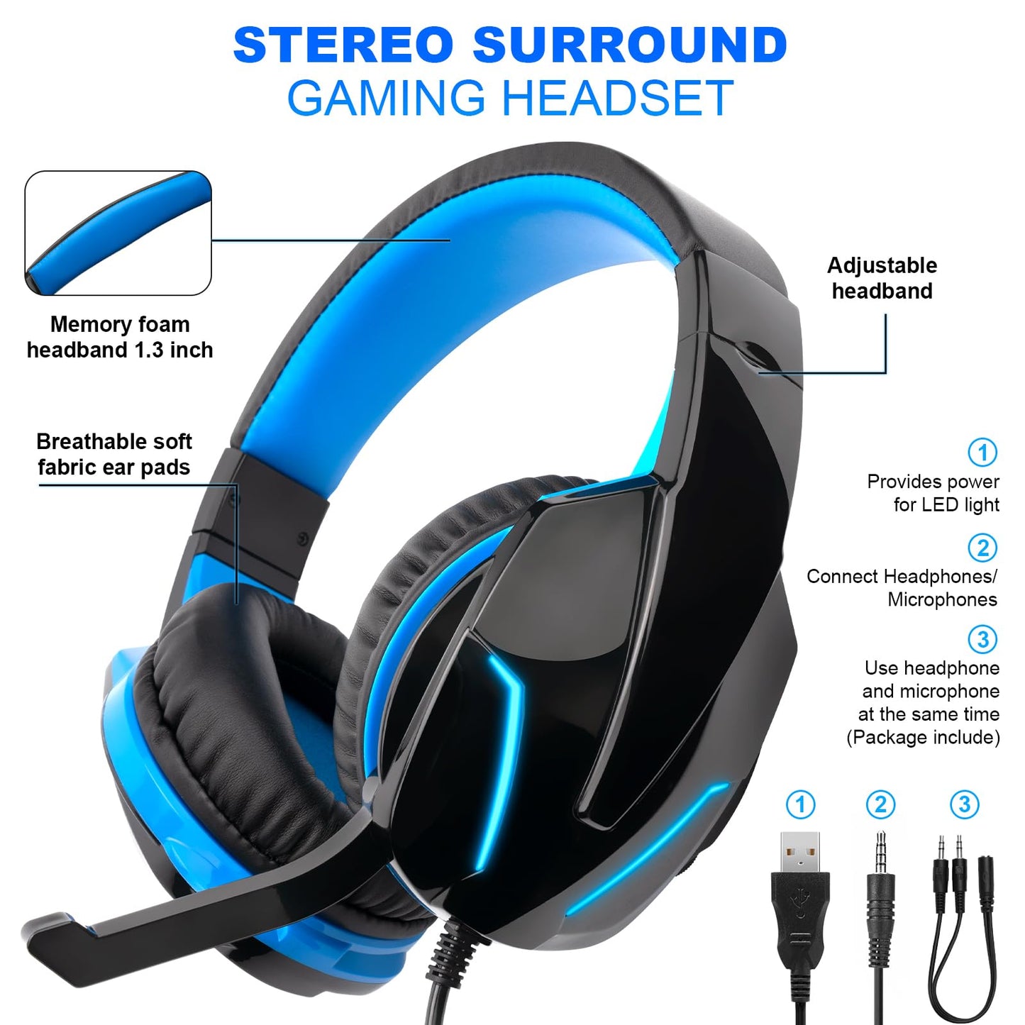 Gaming LED Keyboard Mouse Headset and Mousepad Bundle, CHONCHOW Wired Rainbow LED Light Up Gaming Keyboard Mouse Headset, Value 4 in 1 Gaming Set for Xbox PS4 PS5 PC Laptop Gamer