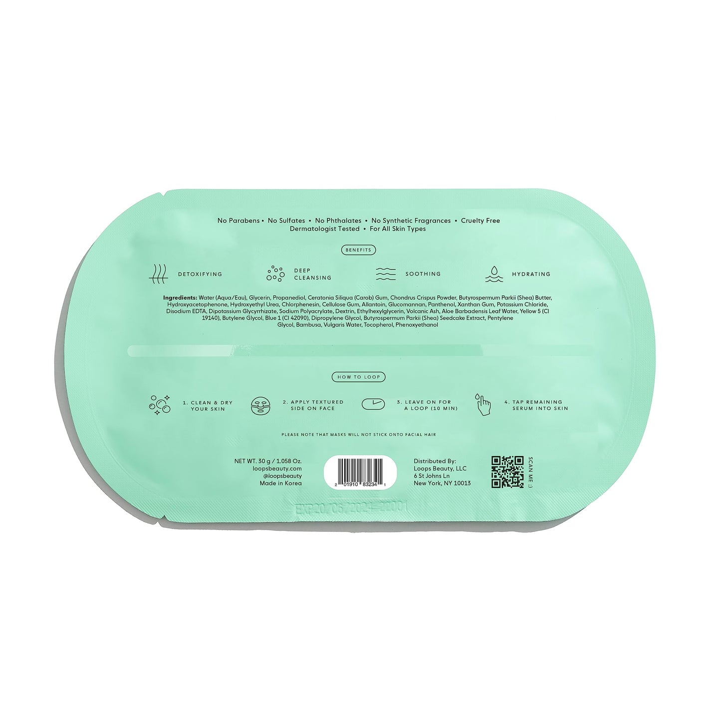 LOOPS CLEAN SLATE - Detoxifying Hydrogel Face Mask - Detoxify, Cleanse and Soothe When You Need It Most - Deeply Purifying and Super Hydrating - Minimizes the Look of Pores - 1 Pc
